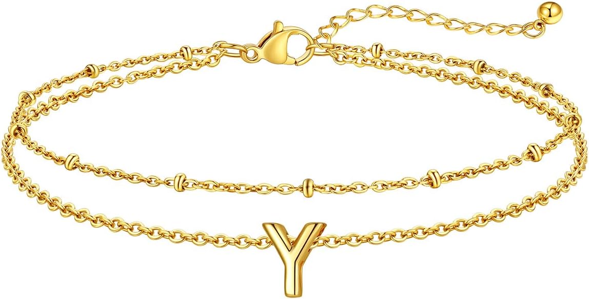 FaithHeart Initial Ankle Bracelets for Women, Waterproof 14k Gold Plated Initial Anklets Non Tarnish Stainless Steel Cute Layered Anklet Summer Beach Jewelry
