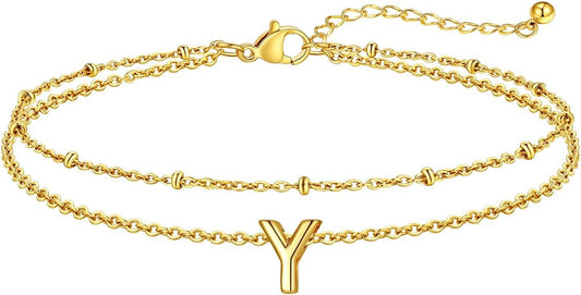 FaithHeart Initial Ankle Bracelets for Women, Waterproof 14k Gold Plated Initial Anklets Non Tarnish Stainless Steel Cute Layered Anklet Summer Beach Jewelry