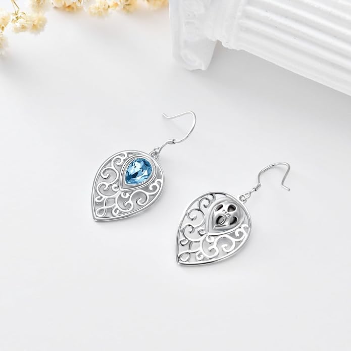 Teardrops Earrings 925 Sterling Silver Filigree With Blue Cubic zirconia Teardrops Dangle Drop Hook Earrings for Women and Teen Girls