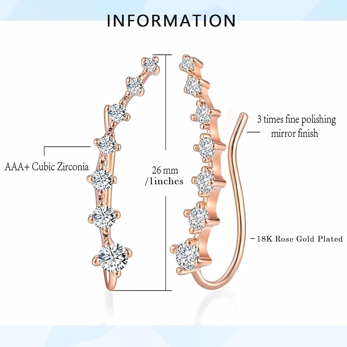 Climber Earrings for Women Ear Crawler Earrings Rose/White/Yellow Gold Plated Cubic Zirconia Birthstone Earring Gifts for Women