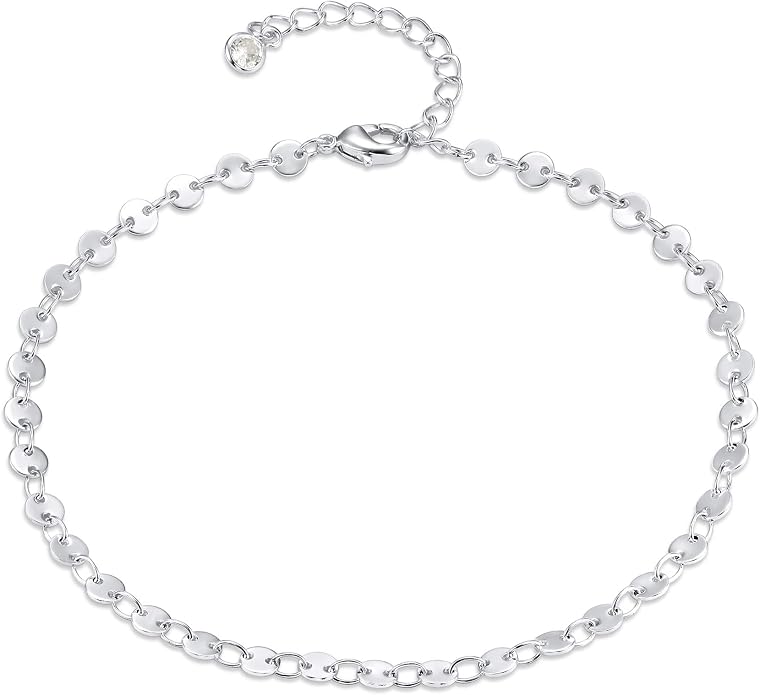 Dainty Gold Disc Chain Anklet for Women, 14K Gold Plated Sequin Foot Bracelet, 8.3"+2" Adjustable Delicate Flat Disc Link Ankle Bracelet, Minimalist Summer Beach Jewelry Gift for Her