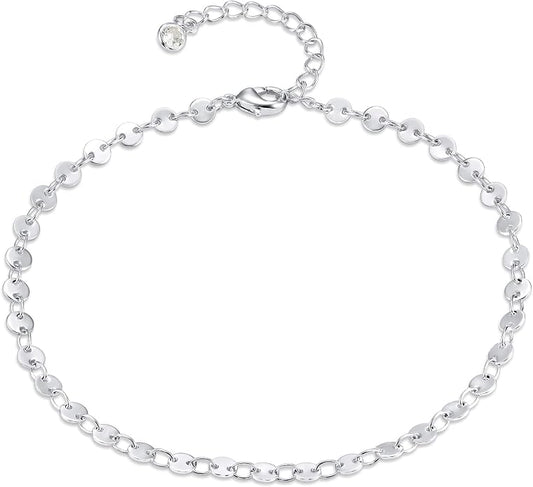 Dainty Gold Disc Chain Anklet for Women, 14K Gold Plated Sequin Foot Bracelet, 8.3"+2" Adjustable Delicate Flat Disc Link Ankle Bracelet, Minimalist Summer Beach Jewelry Gift for Her
