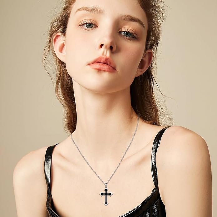 KXJ S925 Sterling Silver Black Cross/Best Dad/Baseball Bat/Silver Cross/Ankh Cross/Crucifix with 22+2 Inches Stainless Steel Rolo Chain Cross Necklace for Men Women Christian Religious Jewelry Gifts