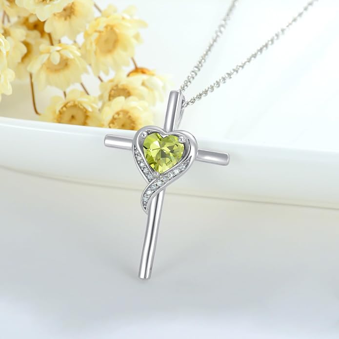 TOUPOP Birthstone Cross Necklace for Women 925 Sterling Silver Heart Cross Pendant Necklace Mothers Day Birthday Jewelry Gifts for Mom Wife Her