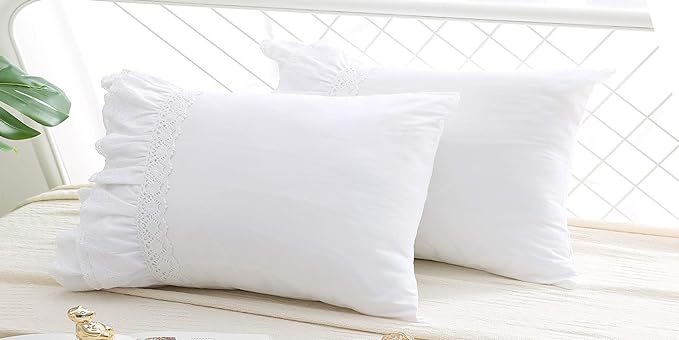 2-Pack Lace Pillow Shams Cases Covers with Ruffles Bright White Egypt Cotton Standard Size 20"X26" Luxury Elegant Twin Size