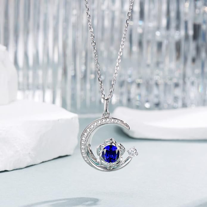 Birthstone Necklace for Women Sterling Silver Moon Pendant Necklaces Anniversary Birthday Fine Jewelry Gifts for Her Women Mother, Adjustable Chain