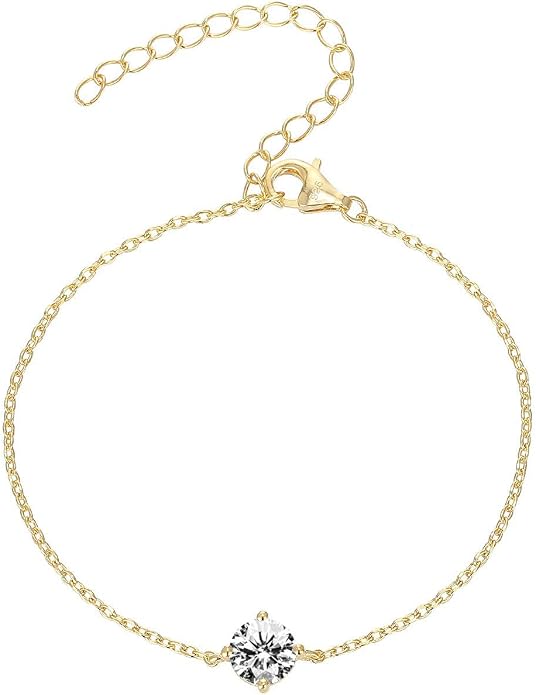 PAVOI 14K Gold Plated Cubic Zirconia Solitaire Diamond Bracelet | Bridesmaid Bracelets | Curb Cable Bracelets for Women