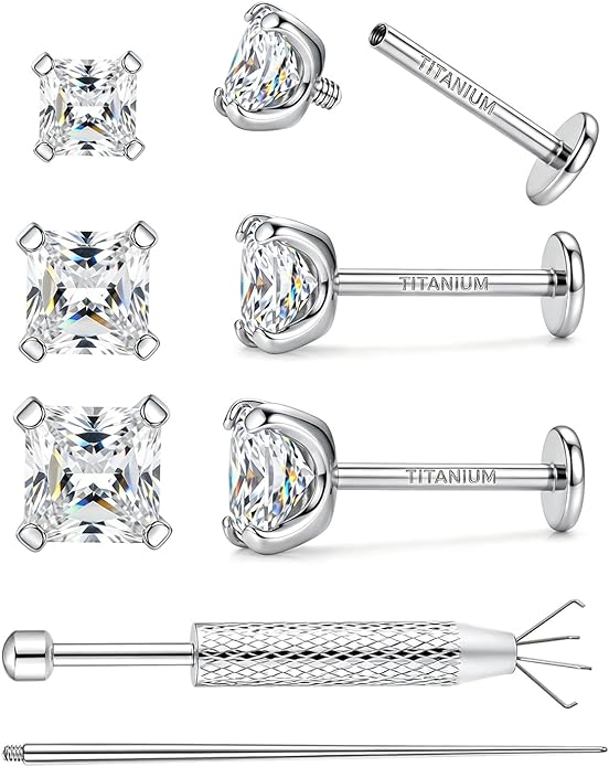 3Pairs Moissanite Earrings G23 Implant Grade Titanium Earrings for women Men, Flat Back Earrings Hypoallergenic Internal Thread Tragus lip nose Piercing Jewelry 18G 6/8MM Post with tool Round/Princess Cut Certified 3-5MM