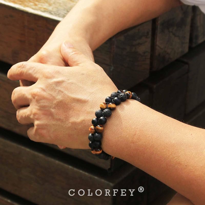 Triple Protection Bracelet for Men Women, Authentic Mens Bracelet Genuine Tiger Eye Black Onyx Lava Rock Crystal Bracelets, 8”Adjustable Beaded Bracelet for Men Grounding and Confidence