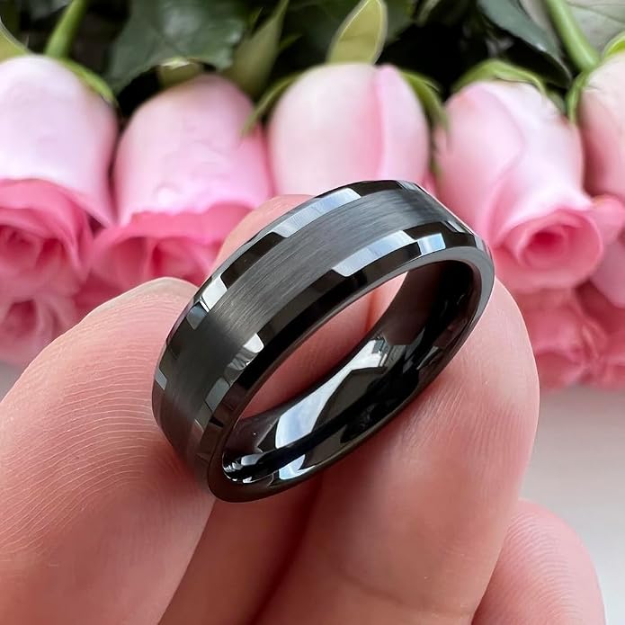 TUTISS 6mm 8mm Silver/Black/Gunmetal/Gold Tungsten Rings for Men Women Fashion Jewelry Engagement Wedding Bands Matte Polished Shiny Beveled Edges Comfort Fit