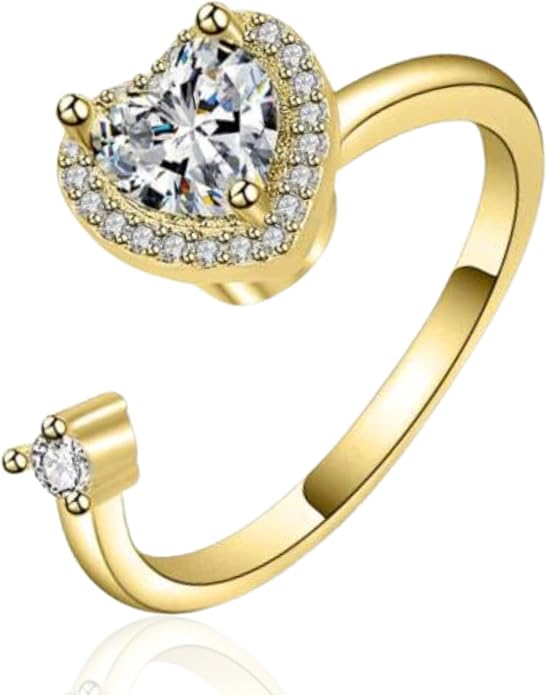 Halukakah 18K Gold/Platinum Plated Anxiety Spinning Ring: Stylish Diamond Heart Stress Relief Jewelry with Beads Spinner,Himalaya Salt Added,Size Adjustable,Gift for Women,Teens,Girls,Daughter,and Mom
