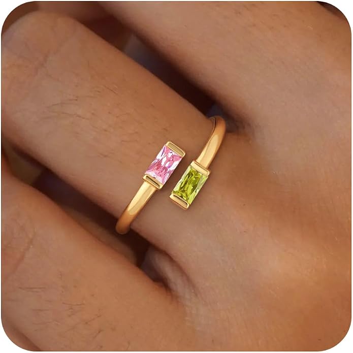 Honsny Gold Birthstone Rings for Women Non Tarnish 14K Gold Plated Adjustable Emerald Ring Cubic Zirconia Gemstone Promise Ring for Her Engagement Personalized Waterproof Jewelry Gifts for Birthday