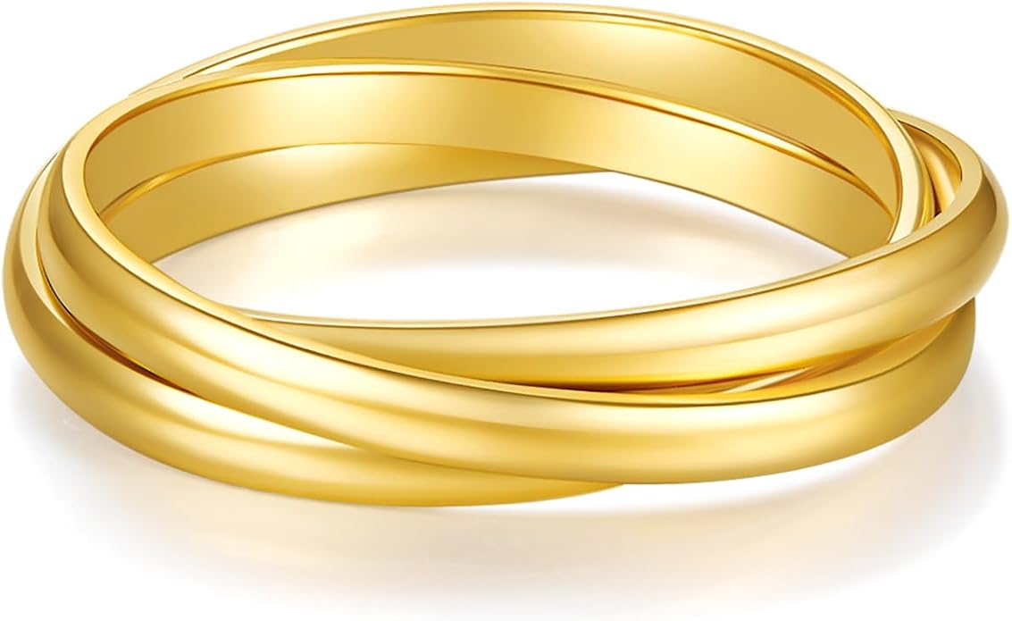 BORUO 925 Sterling Silver Ring, 14K Gold Plated Waterproof Fidget Anxiety Ring, Triple Row Rolling Interlocking Stacking High Polish Band for Women, Men| Each Band Width 1.8mm 3mm Size 4-12