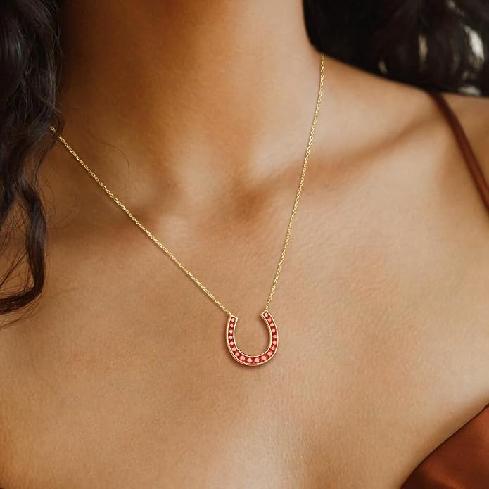Luck Horseshoe Necklace 14K Gold Plated/Sterling Silver Created Gemstone Pendant with Chain Channel Set U Shaped Charm Necklace Birthstone Jewelry
