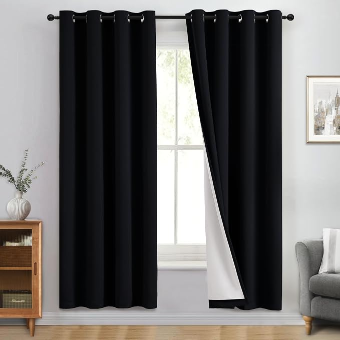 Yakamok Black 100% Blackout Curtains 72 Inches Long for Bedroom 50" Wide | Blackout Curtain Panels for Bedroom, 2 Thick Layers Grommet Top Thermal Insulated Drapes with White Back for Living Room