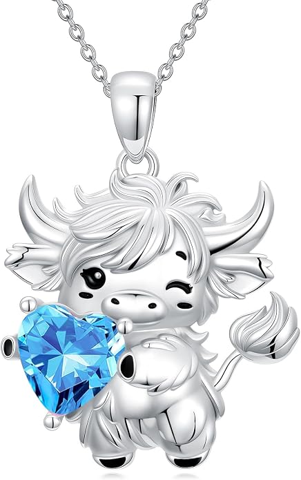 PELOVNY Teddy Bear Necklace for Women 925 Sterling Silver Bear/Highland Cow/Fox/Cat/Axolotl Birthstone Necklace Christmas Birthday Jewelry Gifts for Mom Daughter Wife Sister