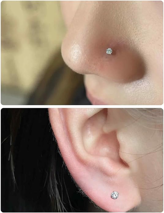 20G 18G 16G Astm F136 Titanium Internally Threaded Flat Back Earrings Nose Rings Studs G23 Titanium Tragus Helix Conch Cartilage Earrings Studs Piercing Jewelry For Women Men Clear Pink CZ