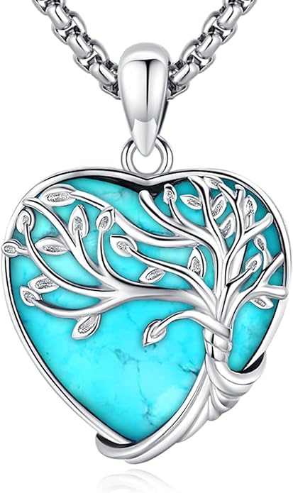 Turquoise/Amethyst/Moonstone/Black Onyx Tree of Life Necklace for Women Hummingbird Necklaces White Gold Plated Copper Jewelry