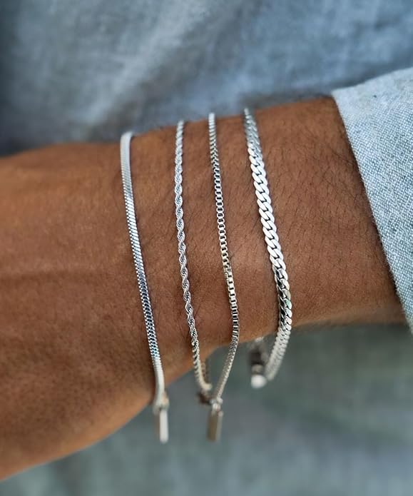 Mens Bracelet - Dainty Gold/Silver Chain Bracelet Stack 14K Gold Plated Silver Bracelets for Men Stainless Steel Adjustable Cross Charm Cuban Link Bracelet Snake Jewelry Set to Men Dad Birthday Day
