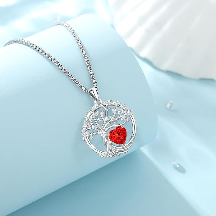 Birthstone Tree of Life Necklace for Women Heart Crystal Pendant Silver Plated Birthday Anniversary Jewelry for Wife, Mom, and Her