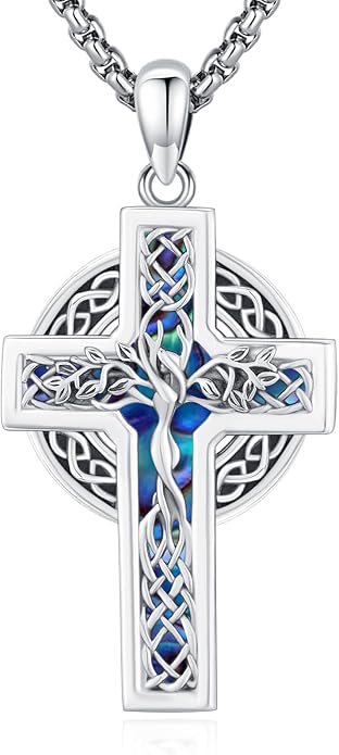 Celtic Cross Tree of Life Necklace for Women Sterling Silver Thor Hammer Tree of Life Pendant Irish Knot Cross Amulet Tree of Life Jewelry