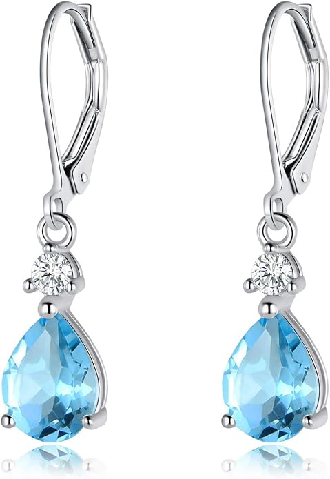 925 Sterling Silver Blue Topaz/Amethyst/Rainbow Quartz CZ Teardrop Leverback Earrings Drop Dangly Gemstone Earings Hypoallergenic Birthday Jewelry Gifts for Women