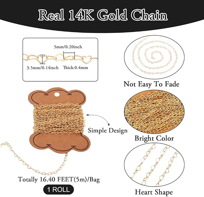 Elecrelive 16.4 Feet 14K Gold Filled Chains Heart Link Chain 5x3.5mm Permanent Jewelry for Women's Trendy Layering Necklace Bracelet Making