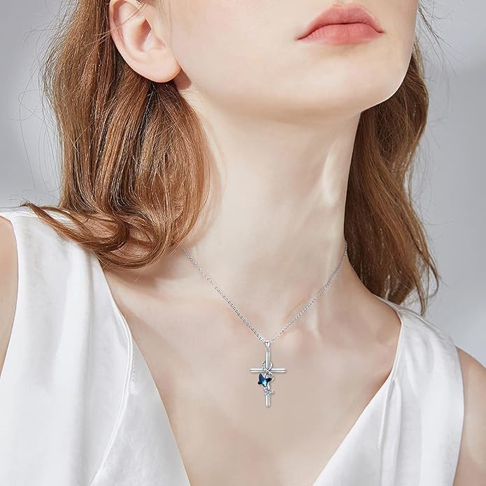 Cross Necklace for Women 925 Sterling Silver I Love You Necklace Religious Jewelry with Gift Box for Mother Daughter