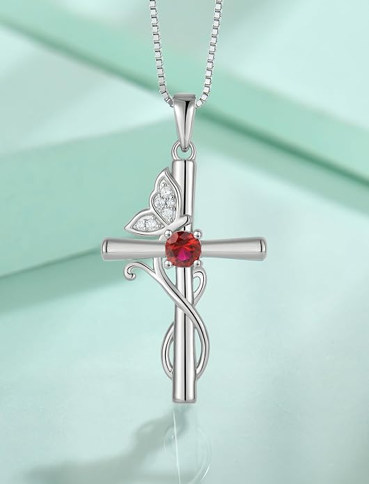 STARCHENIE Butterfly Cross Necklace 925 Sterling Silver Crucifix Pendant Birthstone Jewelry for Women