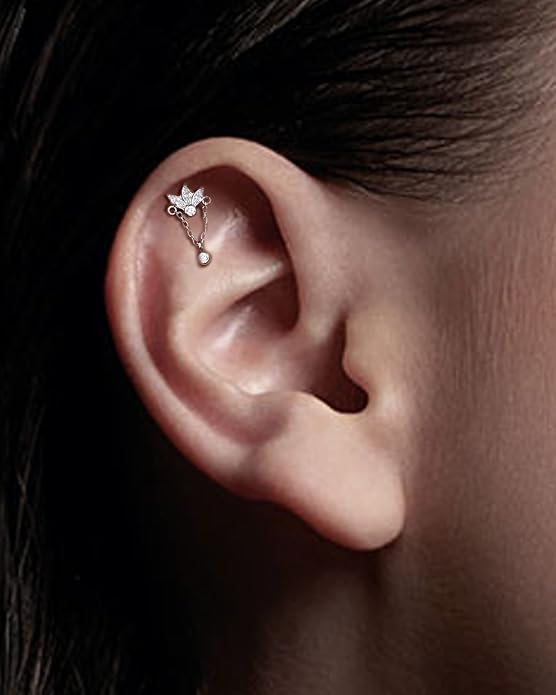COCHARM G23 Titanium Hanging Helix Earring 16g Flat Back Flower Top Helix Piercing Jewelry 6mm Hypoallergenic Dangly Cartilage Jewelry