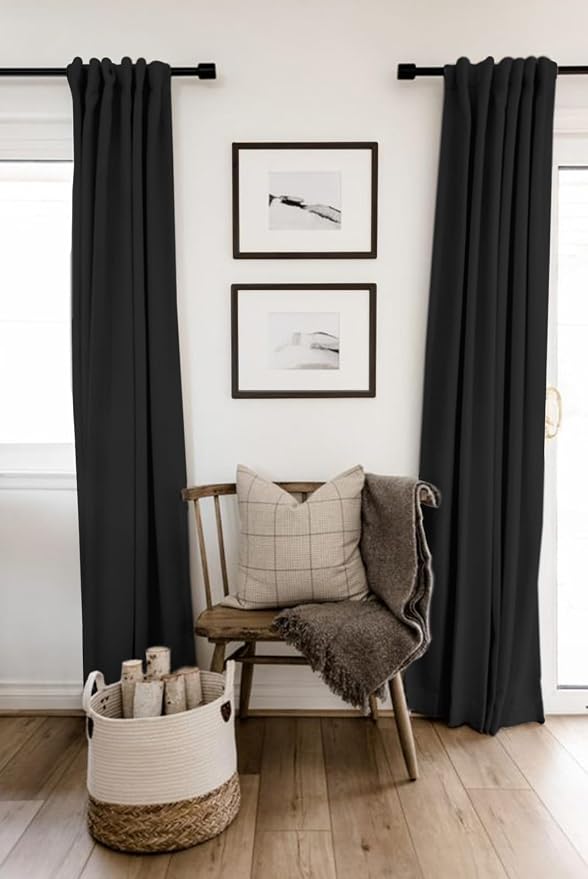 100% Blackout Shield Linen Blackout Curtains for Bedroom 63 Inches Long, Back Tab/Rod Pocket Living Room Drapes, Thermal Insulated Blackout Curtains 2 Panels Set, 42" W x 63" L, Black