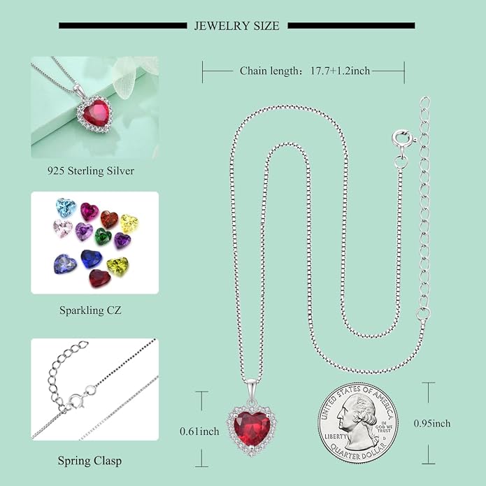 STARCHENIE 925 Sterling Silver Heart Birthstone Pendant Necklace for Women | Genuine 925 silver pendant, heart birthstone, love heart design, 925 silver 18+2" adjustable chain