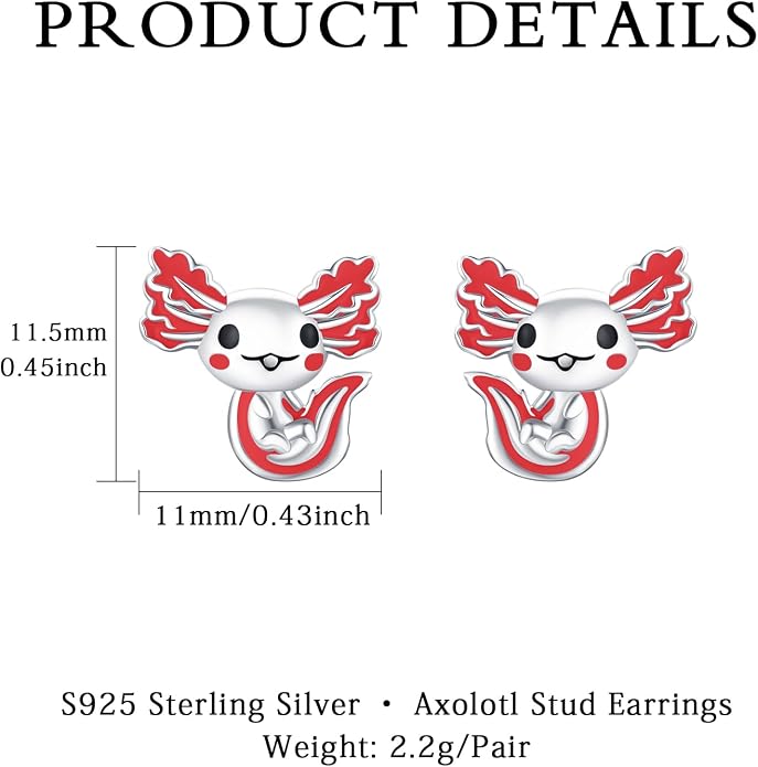 925 Sterling Silver Axolotl Earrings White Gold/Rose Gold Axolotl Jewelry for Women Girls Pink/Blue Axolotl Gifts