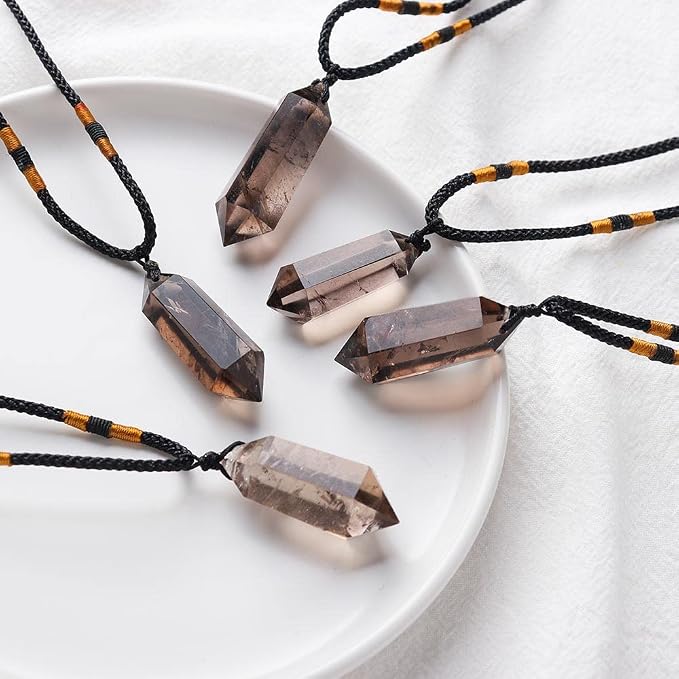 Runyangshi Smoky Quartz Healing Crystal Pendants, Double Pointed Natural Crystal Quartz Necklace 6 Faceted Chakra Crystal Wand Stone Reiki Meditation