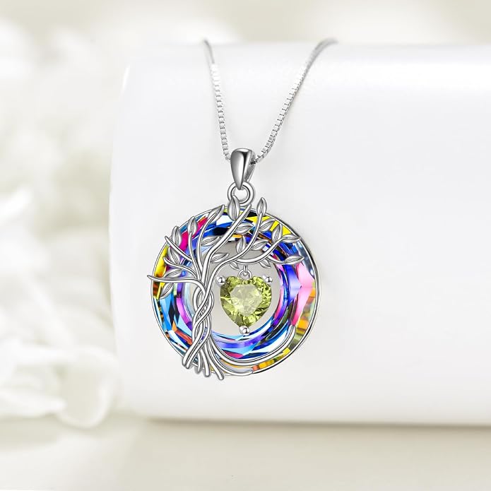 POPLYKE Mothers Day Gifts for Mom Her Wife Tree of Life Necklace 925 Sterling Silver Birthstone Pendant with Crystal Anniversary Birthday Wedding Jewelry for Women
