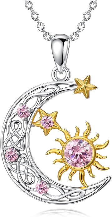 PELOVNY Sun and Moon Necklace for Women 925 Sterling Silver Sun Moon Star Birthstone Pendant Necklaces Birthday Christmas Jewelry Gifts for Mom Daughter Wife Sister