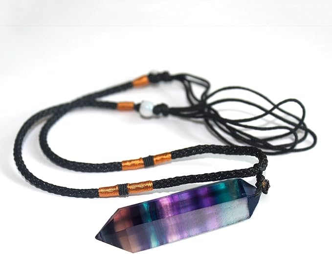 Runyangshi Rainbow Fluorite Healing Crystal Pendants, Double Pointed Natural Crystal Quartz Necklace 6 Faceted Chakra Crystal Wand Stone