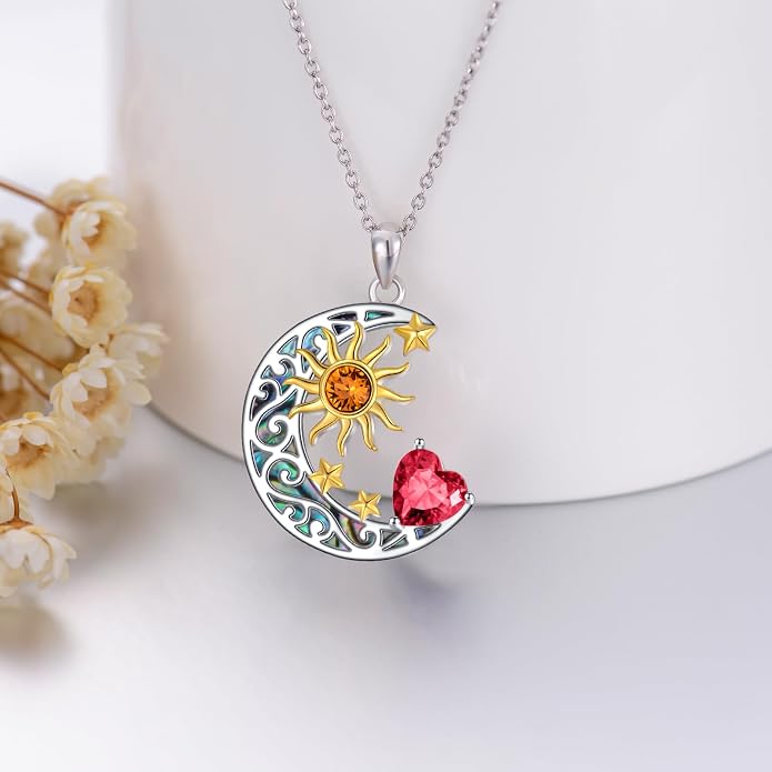 AOBOCO 925 Sterling Silver Sun and Moon Star Pendant Necklace with Simulated Birthstone, Birthday Christmas Jewelry Gift for Women Teen Girls