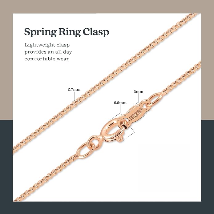 KEZEF 925 Sterling Silver Box Chain Necklace for Women & Men, 0.7mm Thin Chain Necklace, Available in Sterling Silver, Gold Plated & Rose Gold Plated Finishes, Made in Italy