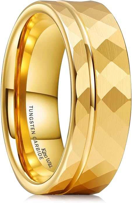 King Will Men's 8mm Tungsten Carbide Wedding Band, Hammered Faceted Diamond Cut Ring with Groove Inlay, Geometric Industrial Engagement Band for Men Women Comfort Fit Size 7-14