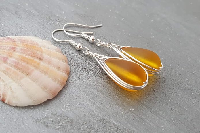 Handmade Sea Glass Earrings, Hawaiian Jewelry, Wire Braided Earrings Teardrop Earrings, Beach Jewelry Sea Glass Jewelry For Women Birthday Gift