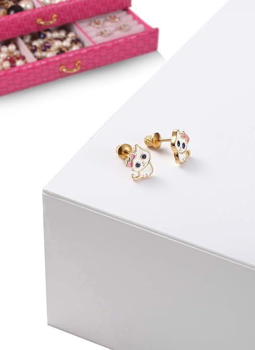 18k Gold Plated Screw Back Kitten Stud Hypoallergenic Earrings for Kids, Baby, Toddler, Little Girls with Surgical Steel Post for Ultra Sensitive Ears with Secure Safety Screwback
