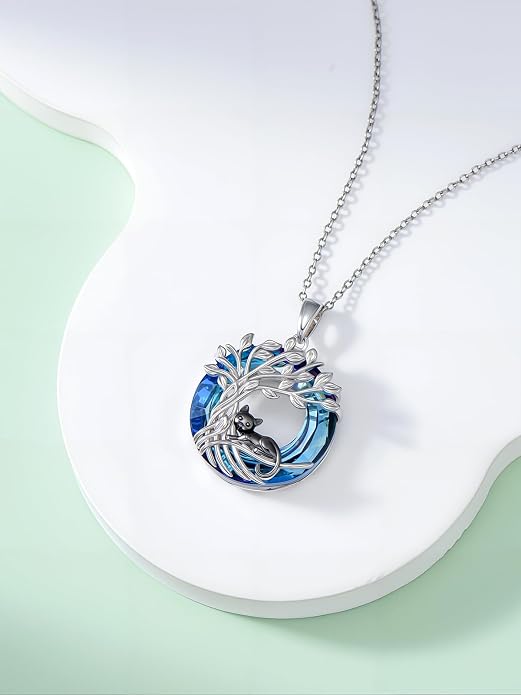 TOUPOP Cat Necklace Gifts for Women Sterling Silver Celtic Mounatin Moon Pendant with Blue Crystal Birthday Christmas Jewelry Gifts for Women