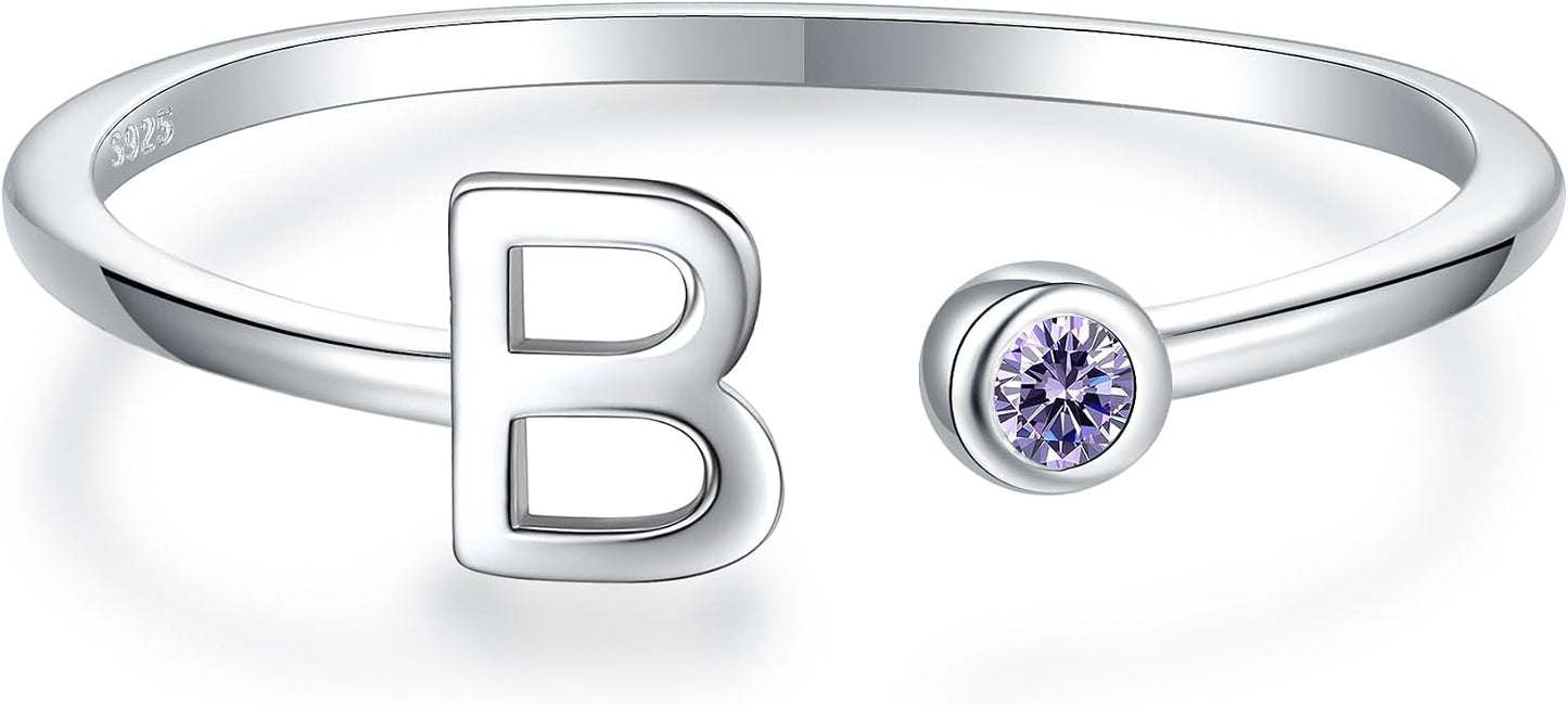 925 Sterling Silver Initial Letter Birthstone Rings for Women Adjustable 1-12 Month Birthstone Alphabet Stacking Ring for Teens Girls Stackable Birthstone Rings Birthday Jewelry Gift for Daughter Mom