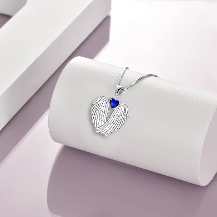 YFN Angel Wings Necklace 925 Sterling Silver Guardian Angel Wings Pendant Necklace Birthstone Necklace for Women Girls Christmas Jewelry Gifts