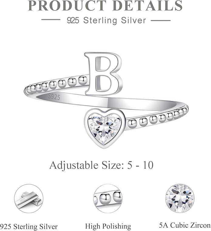 Step Forward 925 Sterling Silver Adjustable Initial Ring for Women | Non Tarnish Letter Rings for Lady | Alphabet Heart Thumb Rings | Capital Letter Jewelry Gifts