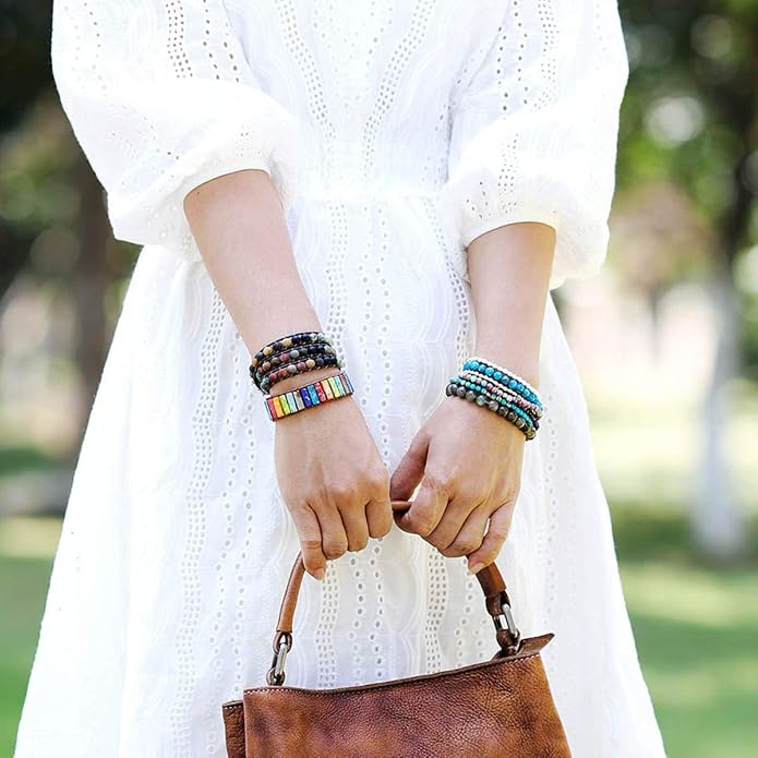 Boho Wrap Bead Bracelet for Women - Handmade Adjustable Natural Stone Beaded Bracelets Yoga Healing Bracelet Bangle Hippie Jewelry