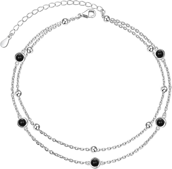 Flyow Anklet for Women S925 Sterling Silver Adjustable Foot Beaded Heart Charm Ankle Bracelet Anklets Jewelry