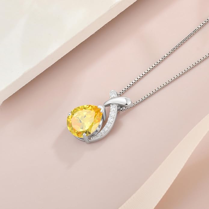 Teardrop Birthstone Necklace for Women,925 Sterling Silver Pear Cut Zircon Gemstone Pendant Necklace for Birthday Engagement Anniversary Wedding Jewelry