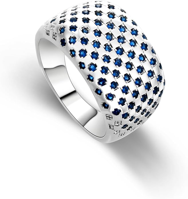 Bold Architectural Ring with Blue Zirconia, 925 Sterling Silver White Gold Plated Chunky Wide Eternity Band, Brutalist Statement Ring for Women, Maximalist Jewelry Gift
